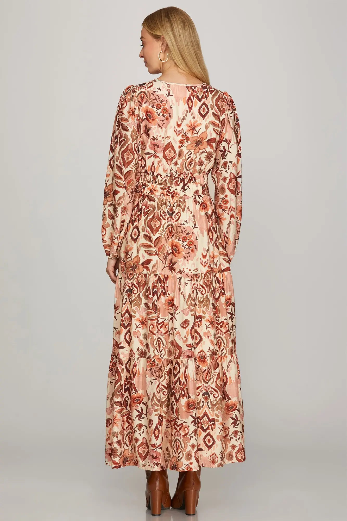 SHE AND SKY Women's Pants Long Sleeve Floral Tiered Maxi Dress With Full Lining