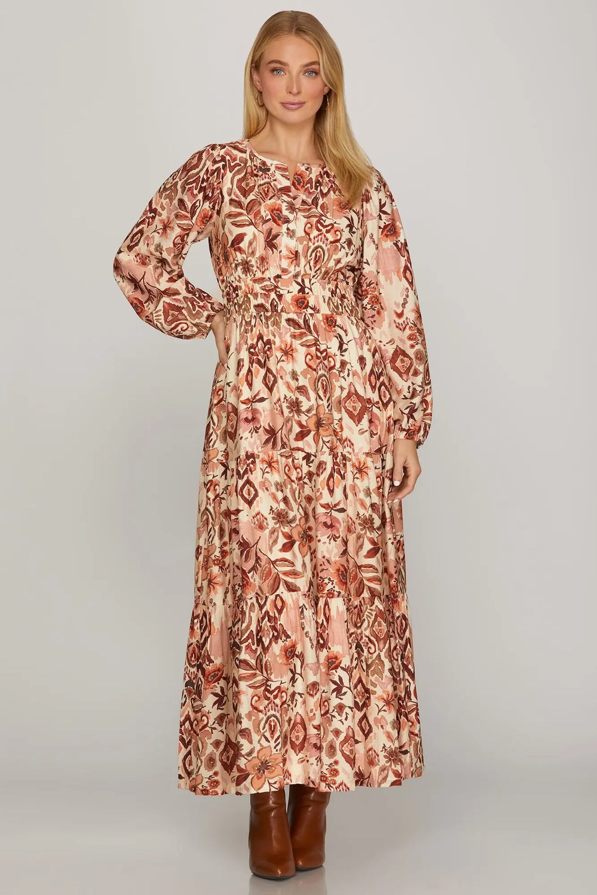 SHE AND SKY Women's Pants Long Sleeve Floral Tiered Maxi Dress With Full Lining