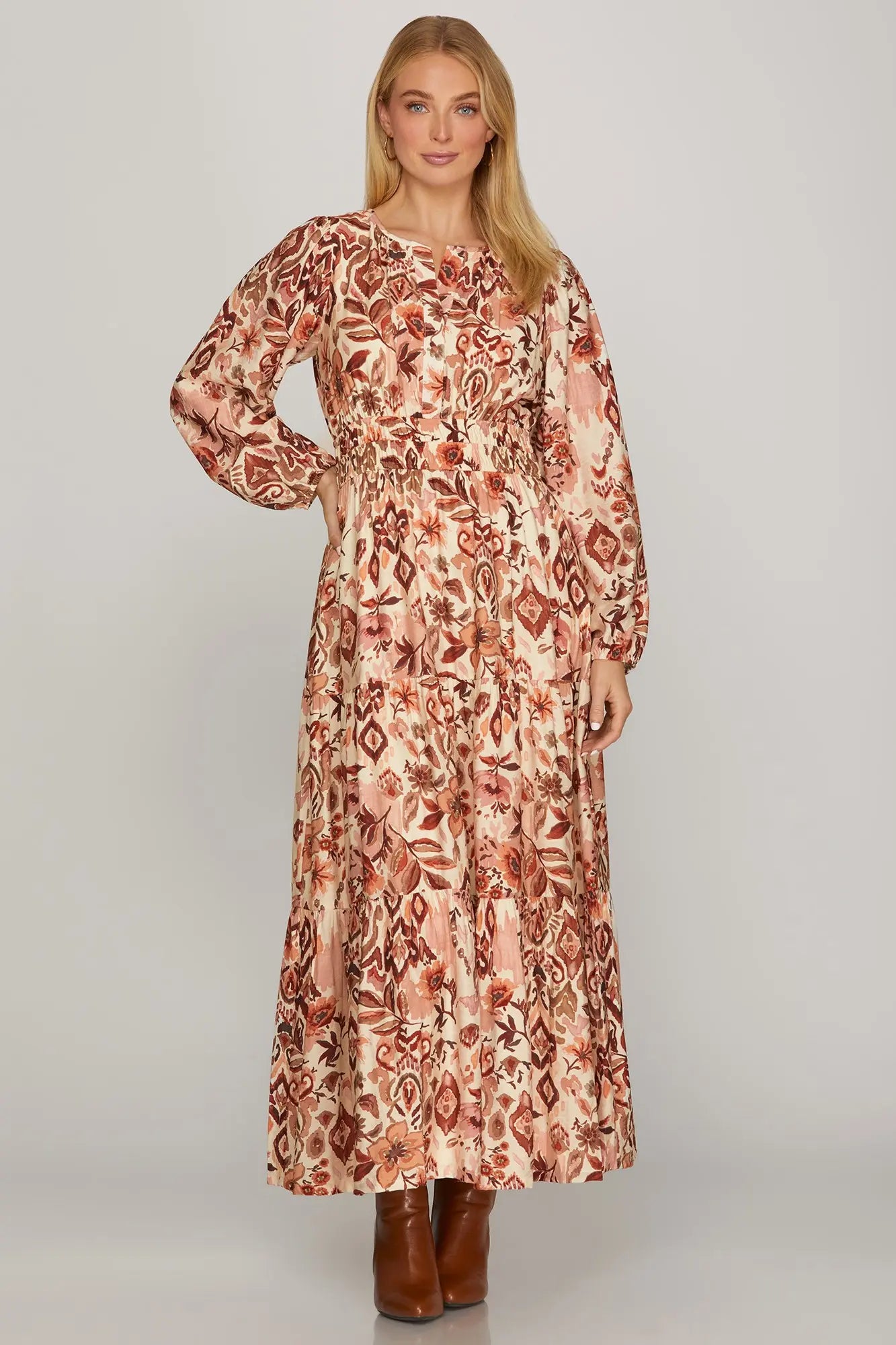 SHE AND SKY Women's Pants Long Sleeve Floral Tiered Maxi Dress With Full Lining