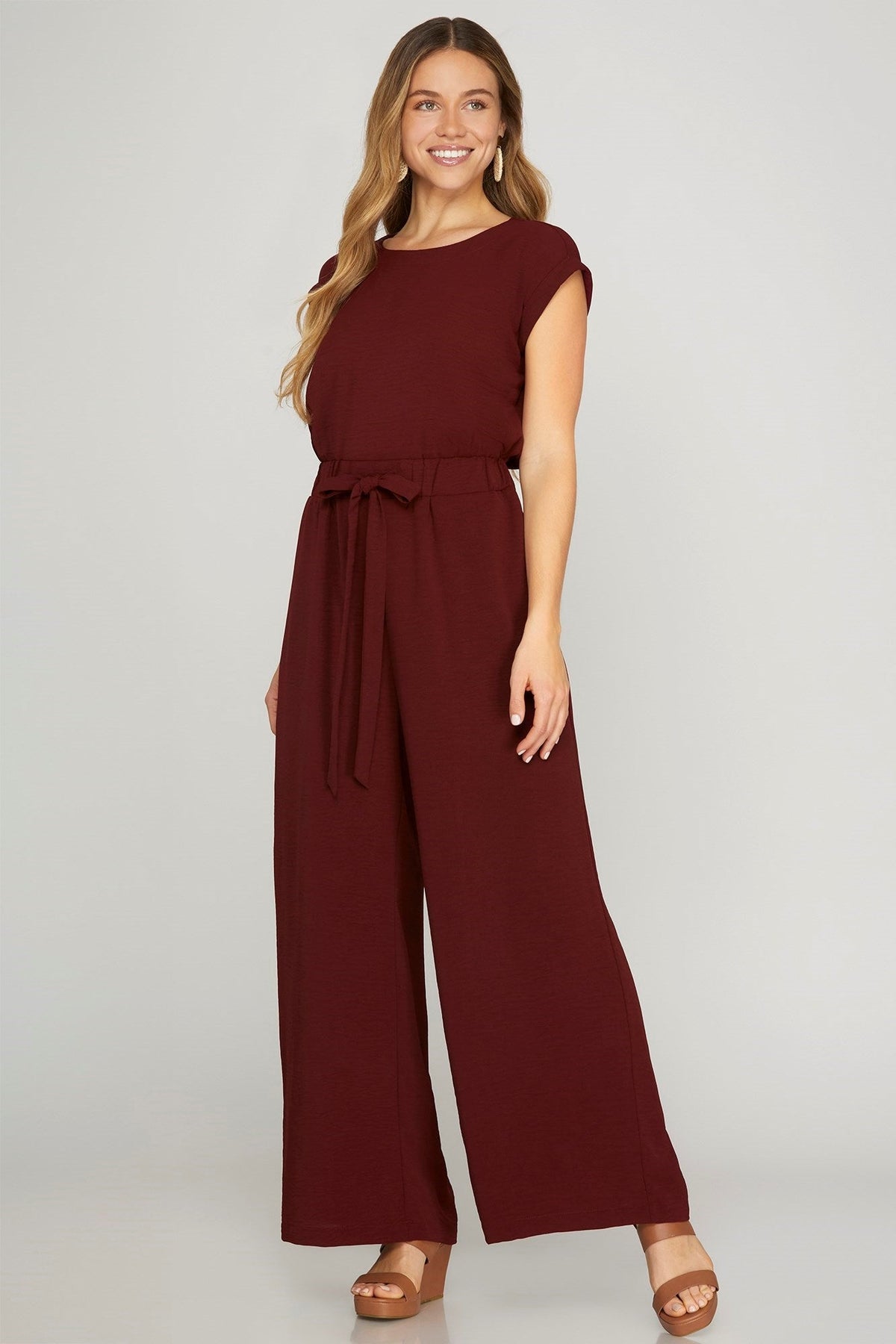 SHE AND SKY Women's Pants WINE / S Sleeveless Elastic Waist Woven Jumpsuit SY9025