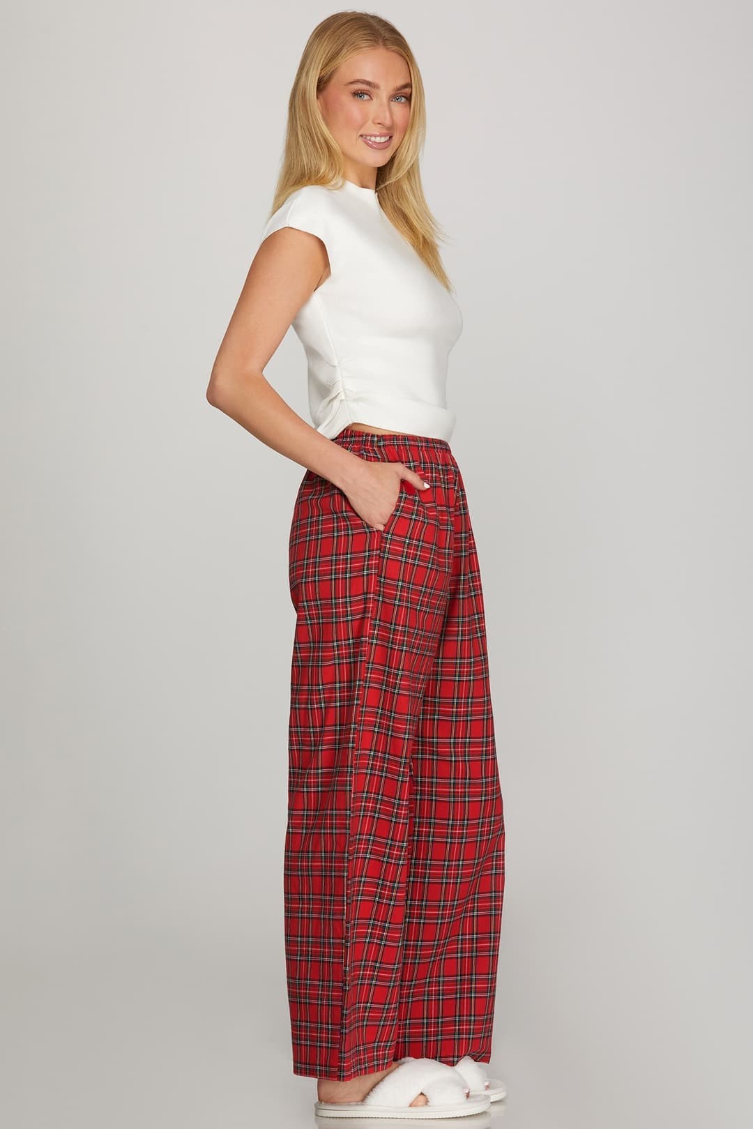 SHE AND SKY Women's Pants Woven Plaid Long Pants With Side Pockets