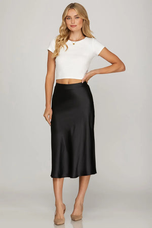 SHE AND SKY Women's Skirts BLACK / S Satin Bias Midi Skirt With Elastic Waistband SY7030RB