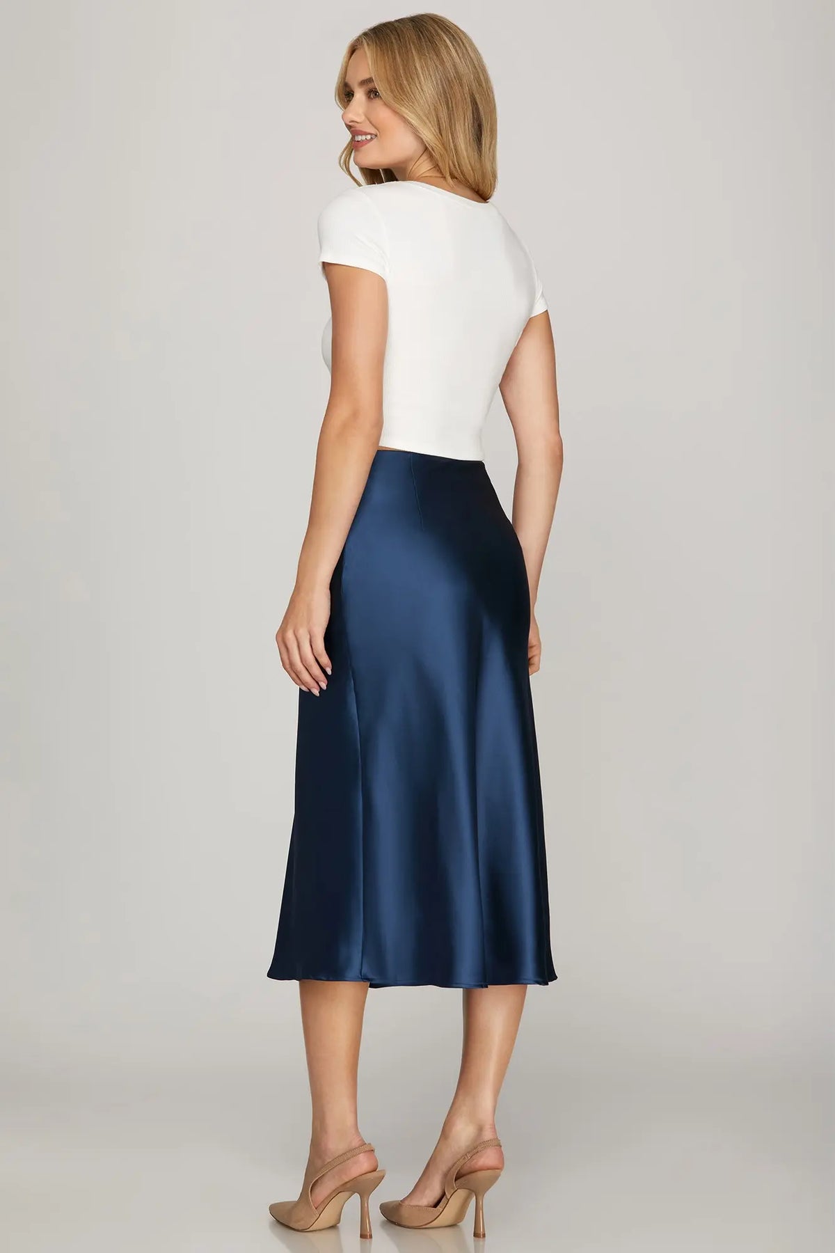SHE AND SKY Women's Skirts Satin Bias Midi Skirt With Elastic Waistband