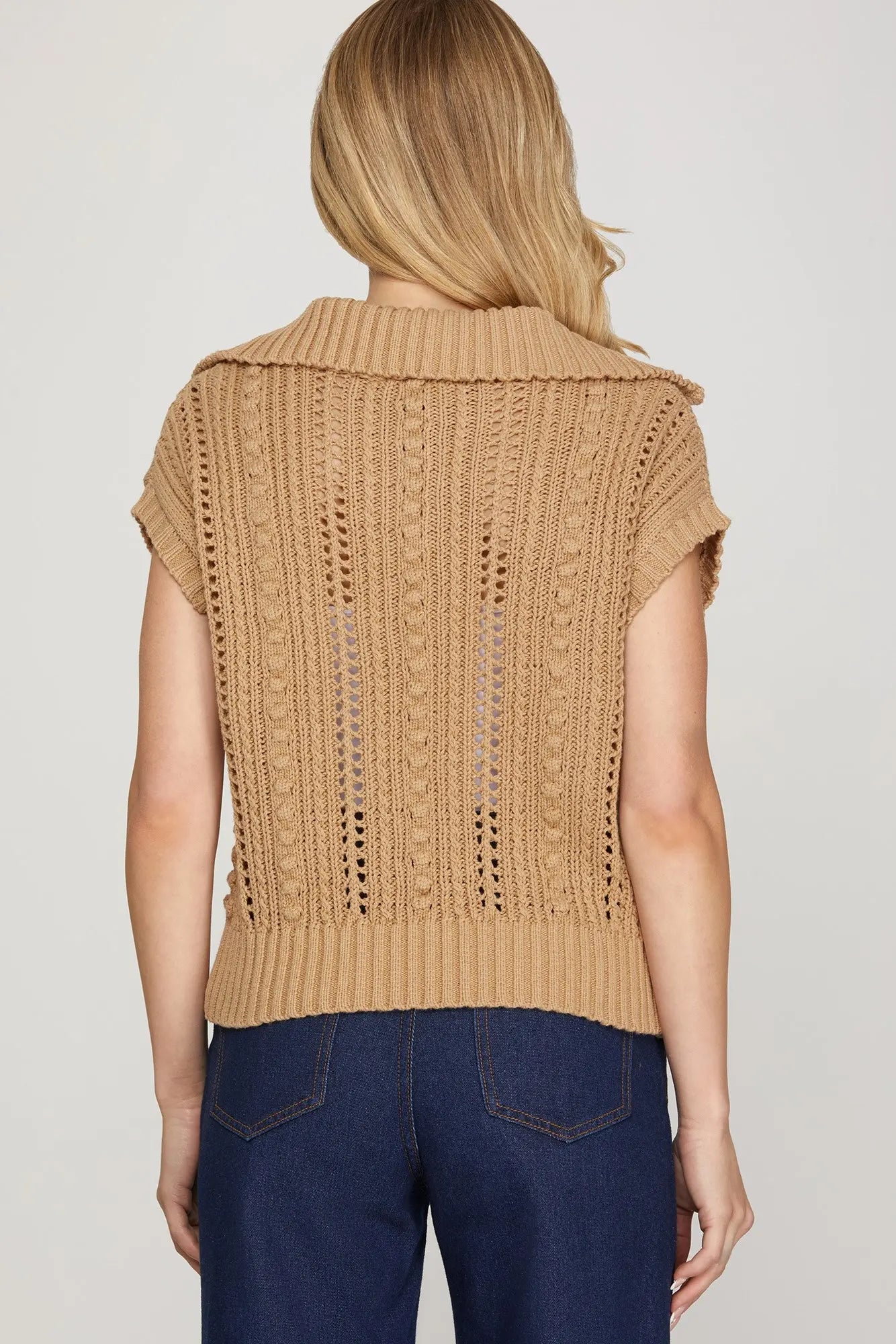 SHE AND SKY Women's Sweaters Cap Sleeve V Neck Collared Pointelle Sweater Top