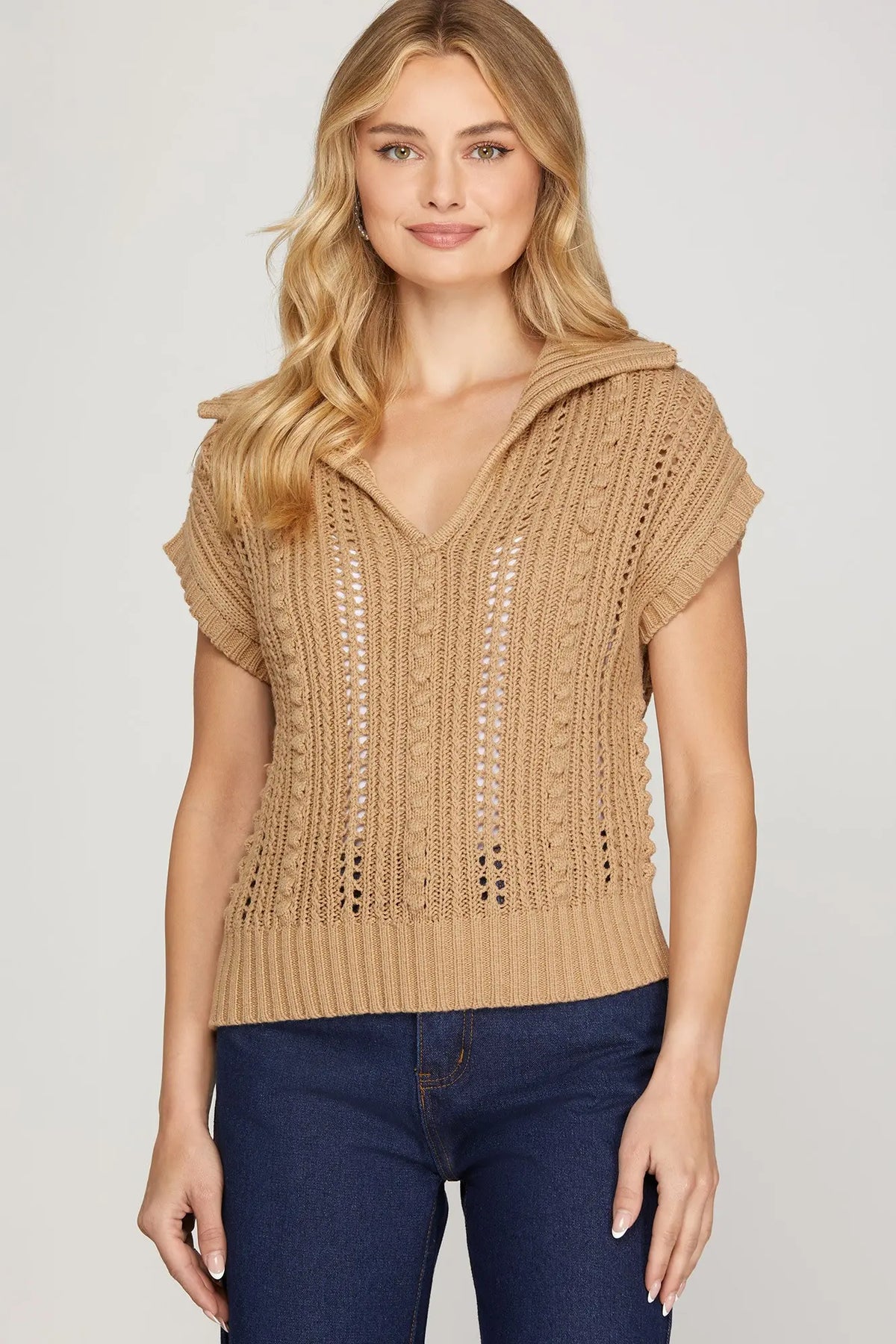 SHE AND SKY Women's Sweaters Cap Sleeve V Neck Collared Pointelle Sweater Top