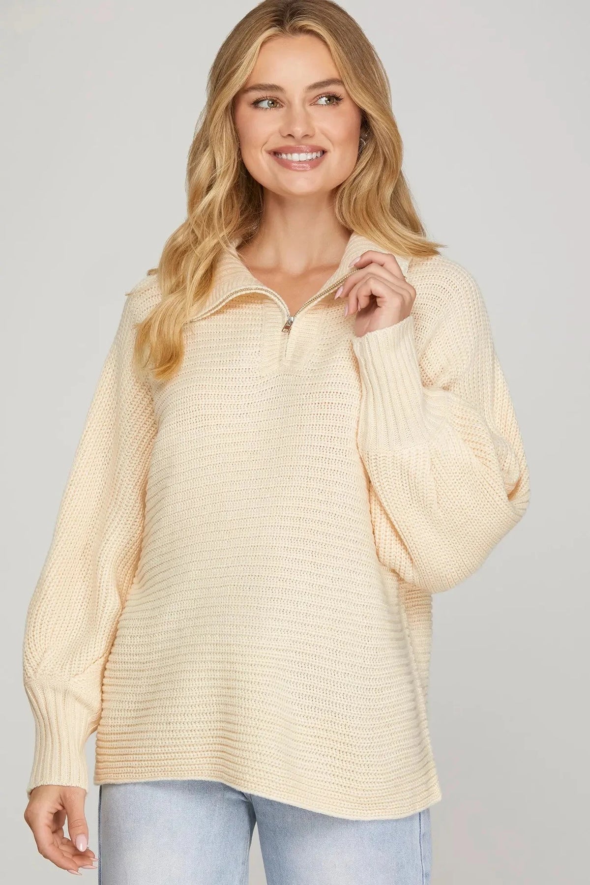 SHE AND SKY Women's Sweaters CREAM / S Long Sleeve Half Zip Batwing Sweater SY9412