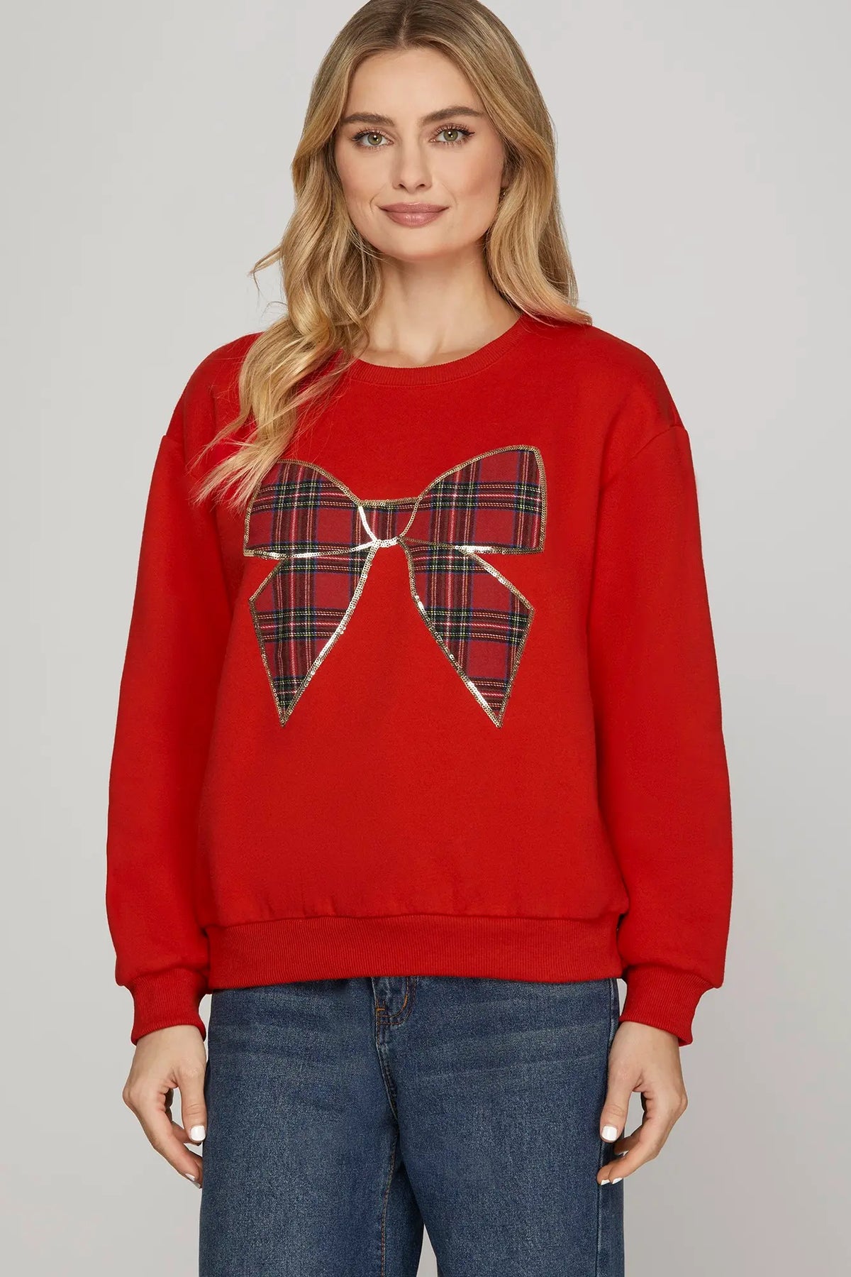 SHE AND SKY Women's Sweaters Long Sleeve Christmas Plaid Bow Knit Top