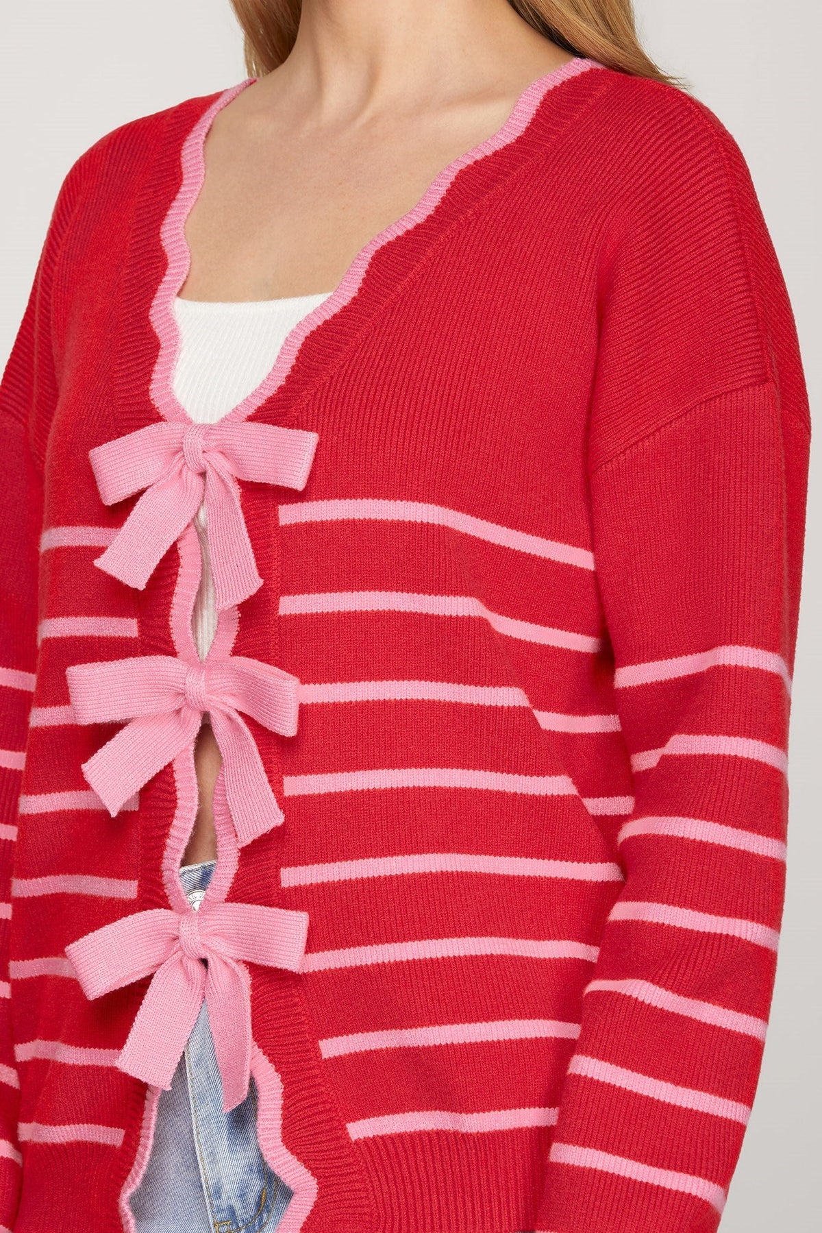 SHE AND SKY Women's Sweaters Long Sleeve Striped Bow Detail Reversible Sweater Cardigan