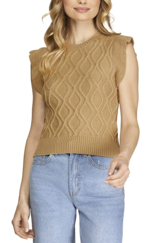 SHE AND SKY Women's Top Ruffled Sleeve Cable Knit Sweater Top