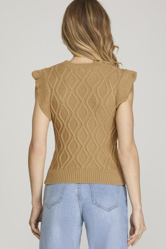 SHE AND SKY Women's Top Ruffled Sleeve Cable Knit Sweater Top