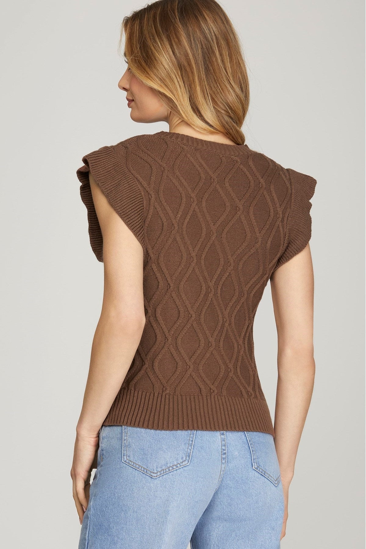 SHE AND SKY Women's Top Ruffled Sleeve Cable Knit Sweater Top