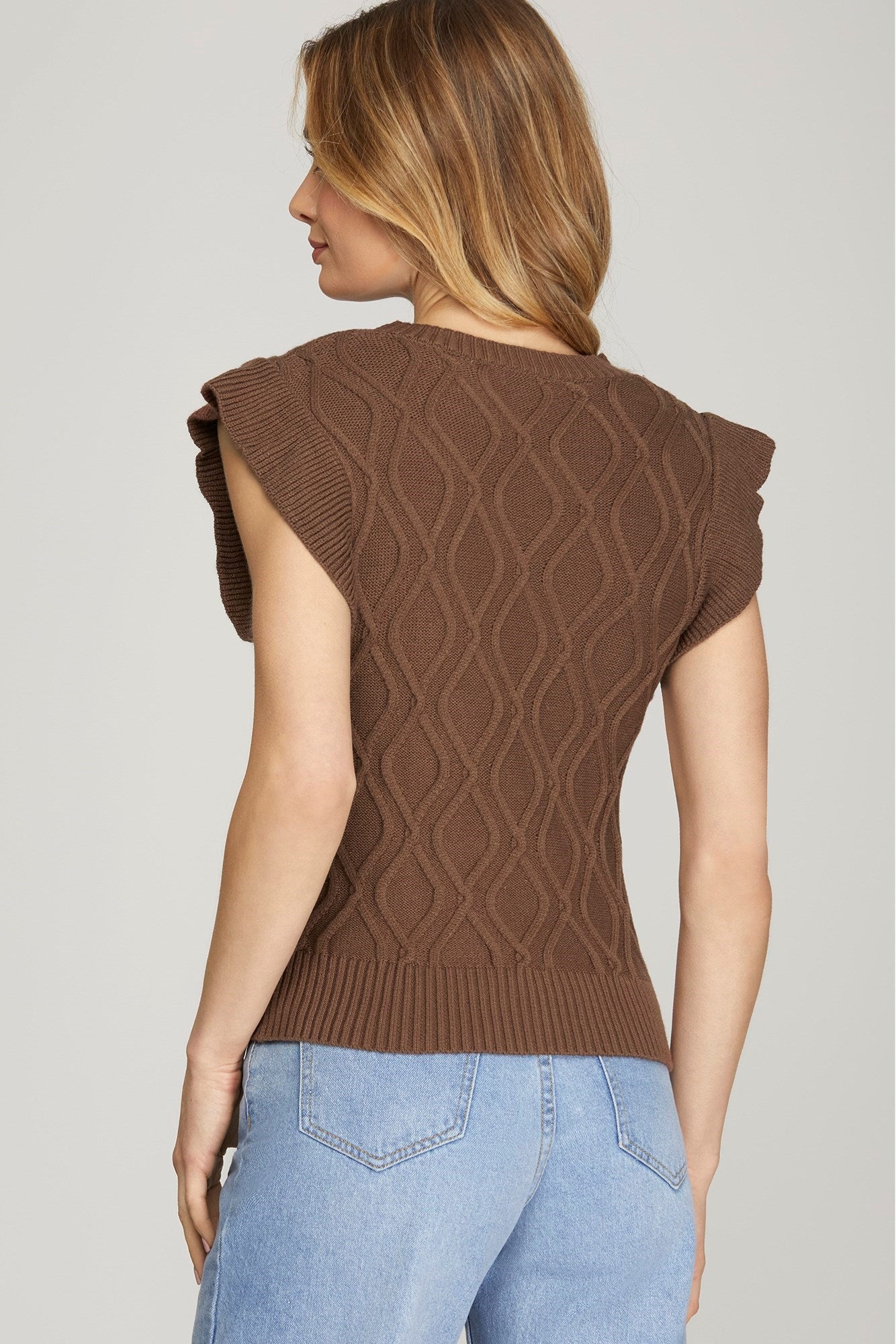 SHE AND SKY Women's Top ASH MOCH / S Ruffled Sleeve Cable Knit Sweater Top SY6085R