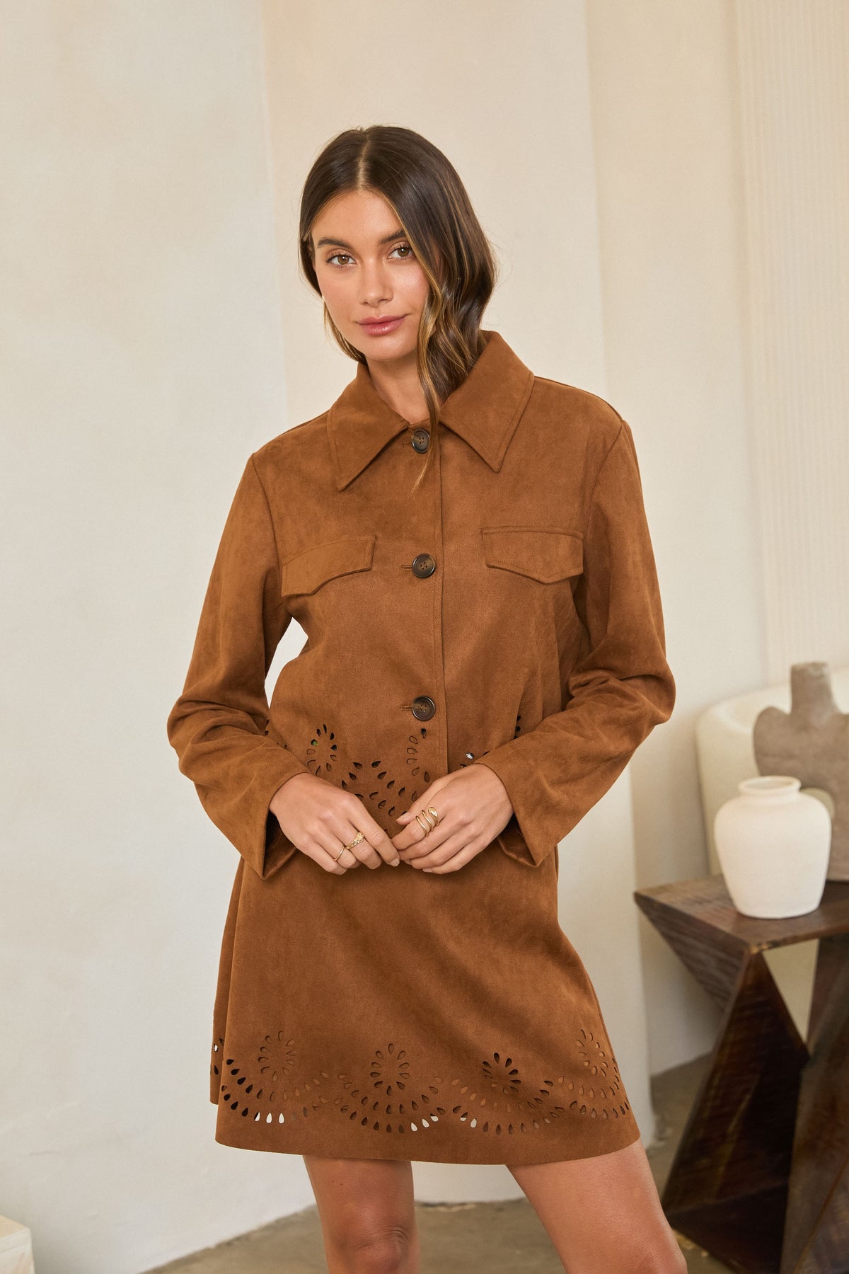 SKIES ARE BLUE Women's Jackets Faux Suede Eyelet Cutout Button Jacket