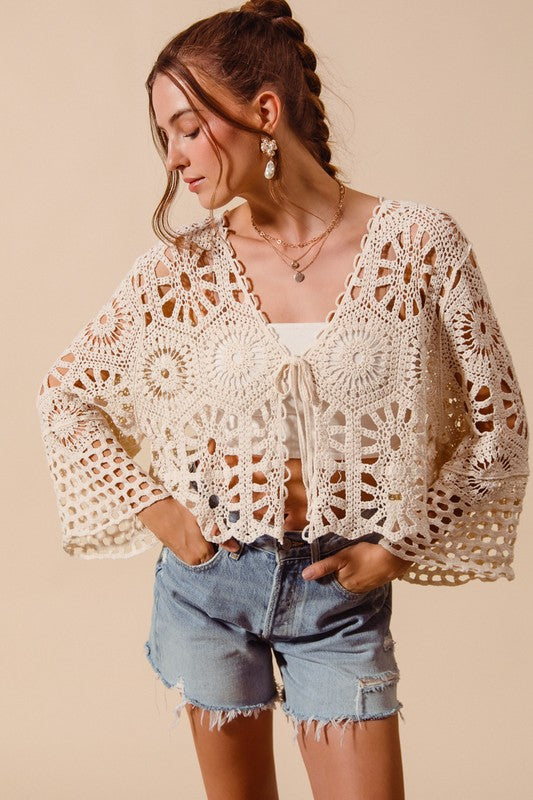 SO ME Women's Cardigans Floral Pattern Crochet Knit Tie Front Crop Cardigan