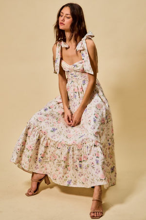 SO ME Women's Dresses Floral Cotton Ruched Bodice Tie Lined Midi Dress