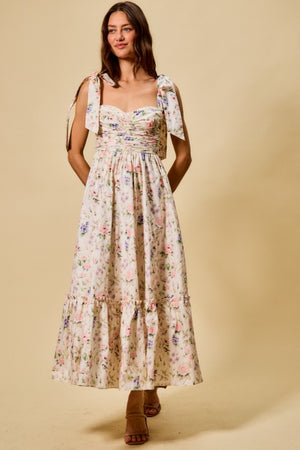 SO ME Women's Dresses Floral Cotton Ruched Bodice Tie Lined Midi Dress
