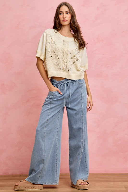 SO ME Women's Jeans Denim Seamed Elastic Waist Wide Leg Jeans Pants