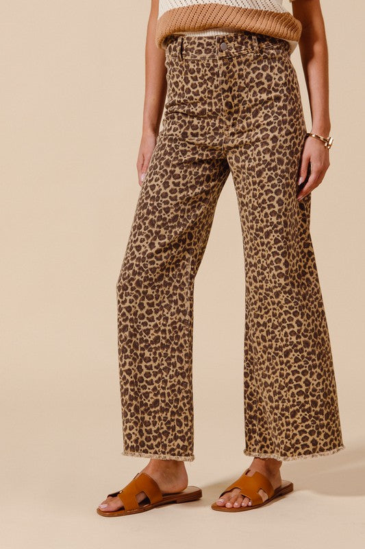 SO ME Women's Pants So Me Mid Rise Leopard Twill Denim Frayed Hem Wide Leg