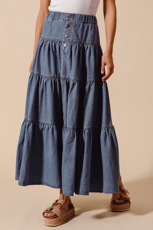 SO ME Women's Skirts Shirred Denim Block Flowy Maxi Skirt