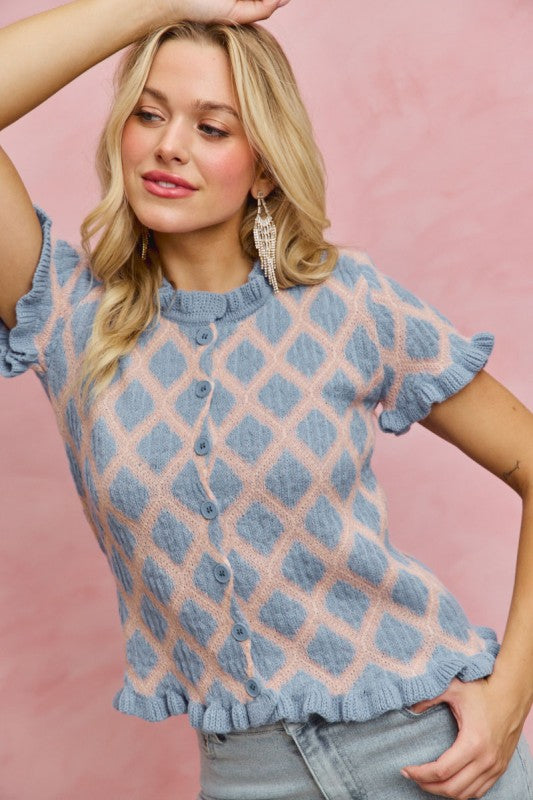 SO ME Women's Sweaters Diamond Design 2 Tone Weave Ruffle Sweater Cardigan