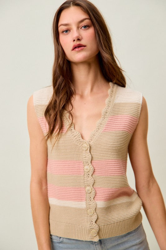 SO ME Women's Sweaters Multi Color Stripe Sweater Vest With Scallop Edge