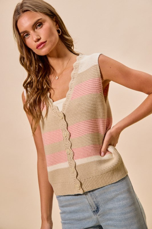 SO ME Women's Sweaters Multi Color Stripe Sweater Vest With Scallop Edge
