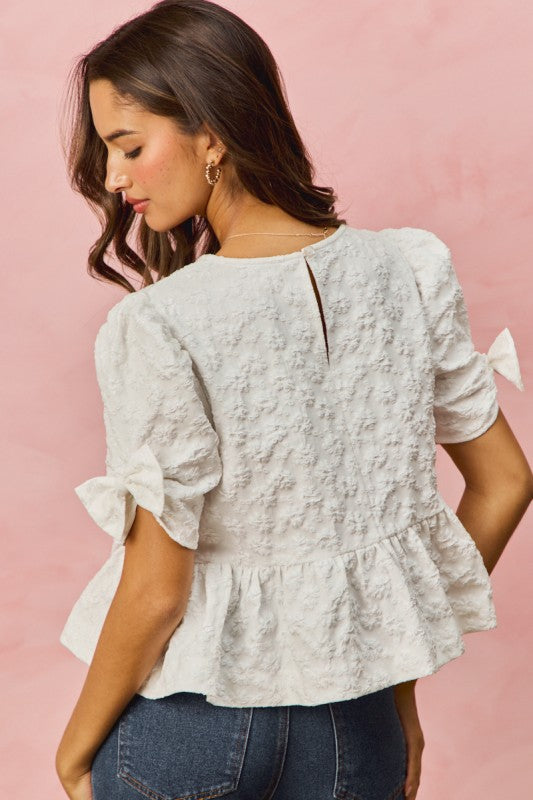 SO ME Women's Top Floral Jacquard Short Sleeves Peplum Top with Ribbon Detail