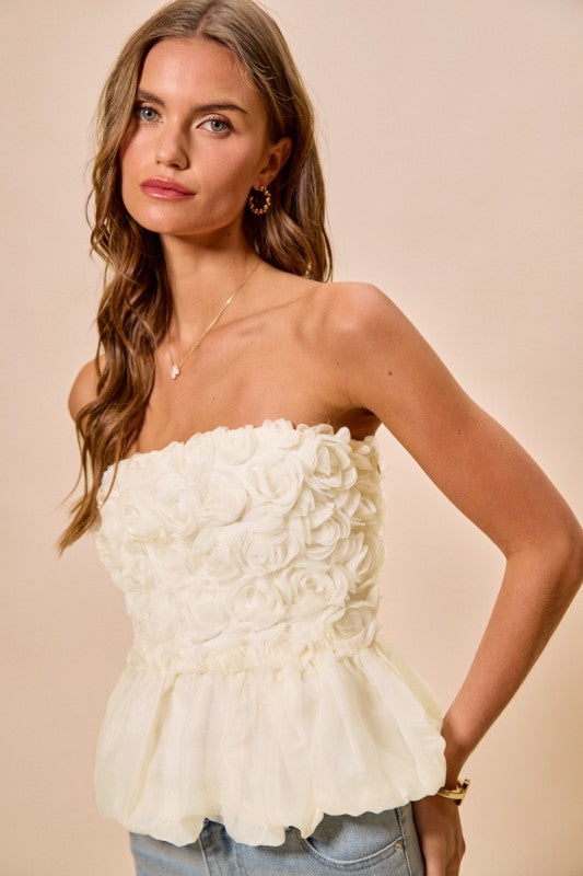 SO ME Women's Top Rosette 3D Bubble Hem Tune Top