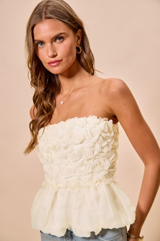 SO ME Women's Top Rosette 3D Bubble Hem Tune Top