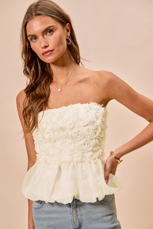 SO ME Women's Top Rosette 3D Bubble Hem Tune Top