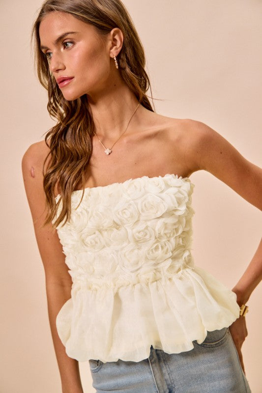 SO ME Women's Top Rosette 3D Bubble Hem Tune Top