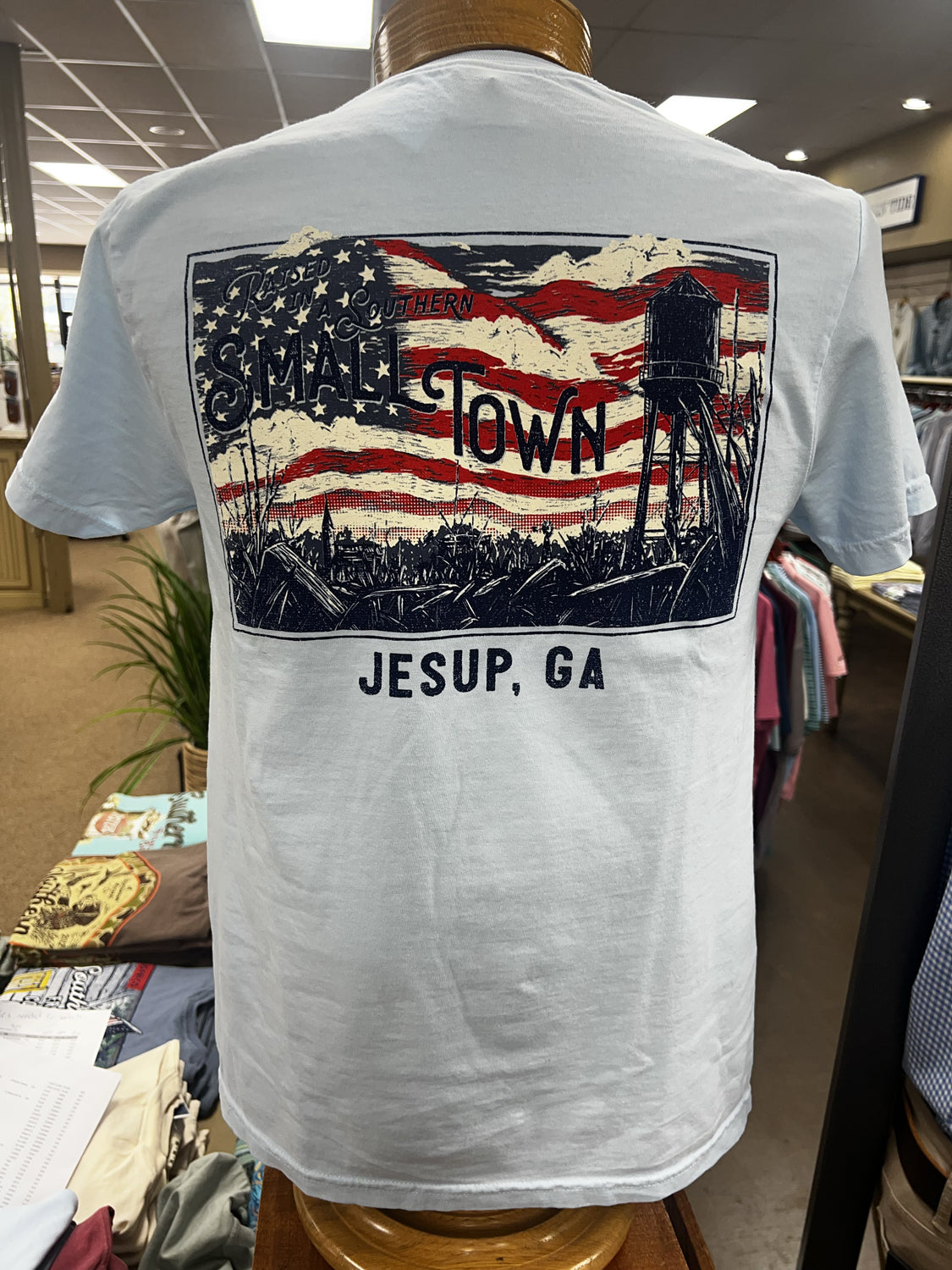 SOUTHERN FRIED COTTON Men's Tees CHAMBRAY / S Raised in a Small Town Jesup SS Tee || David's Clothing ND970C