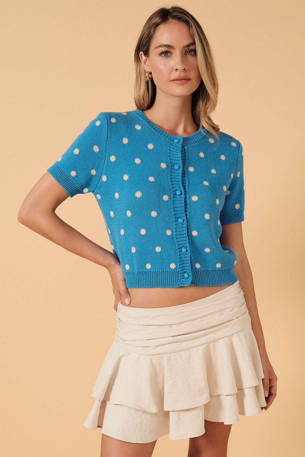 SUNDAY EDITION Women's Sweater BLUE / S Round Neck Button Down Polka Dot Sweater Cardigan GWJ1311