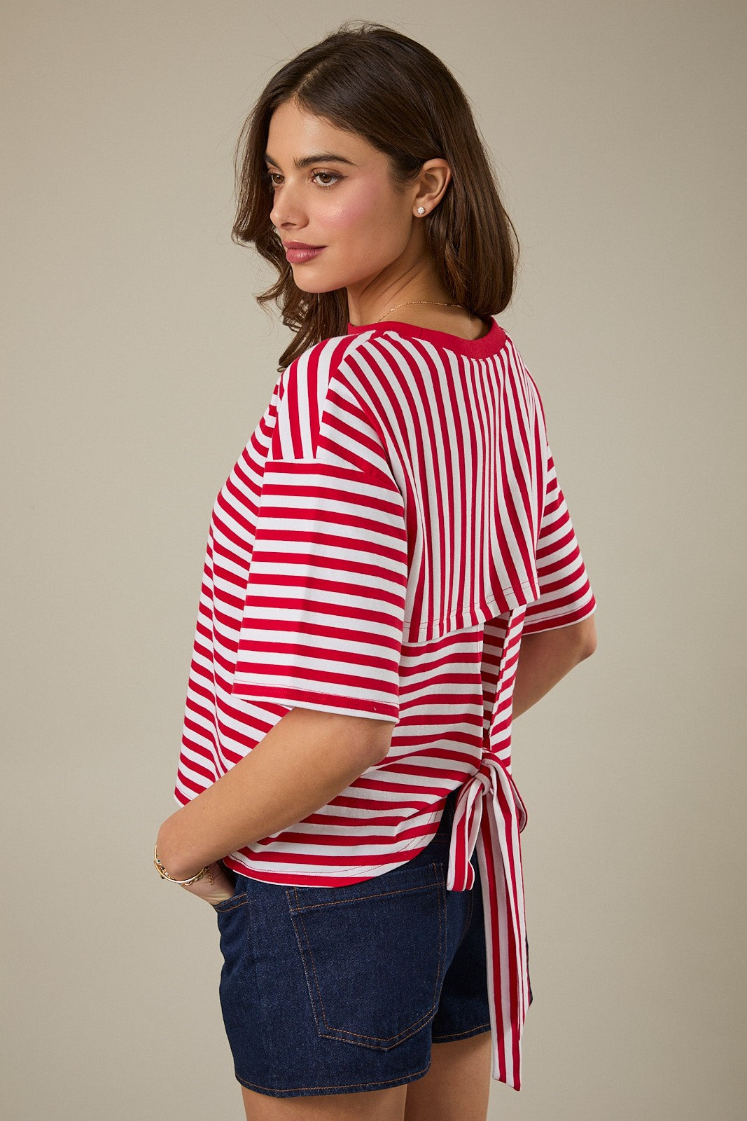SUNDAY EDITION Women's Top NAVY / S Striped Boxy Oversized Tee Cutout Open Tie Back JT8088