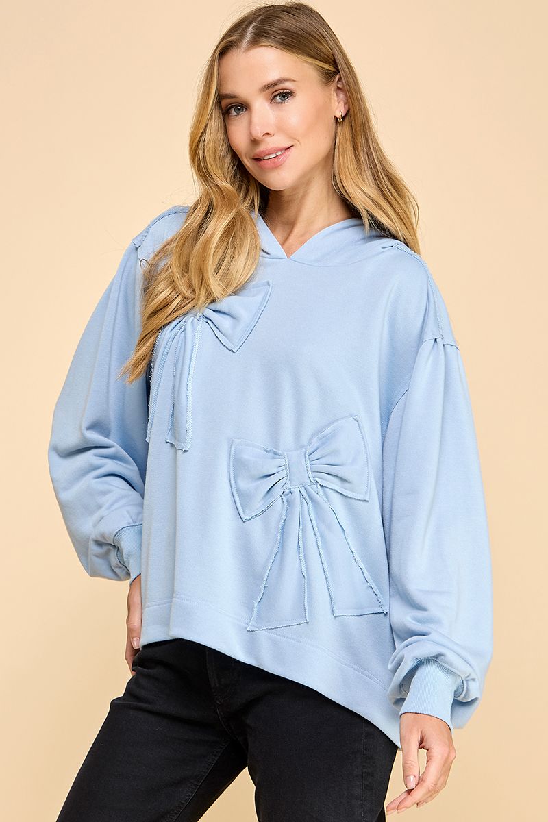 TCEC Women's Sweaters LIGHT BLUE / S Oversized Hoodie with Accented Bows || David's Clothing CT9175LB