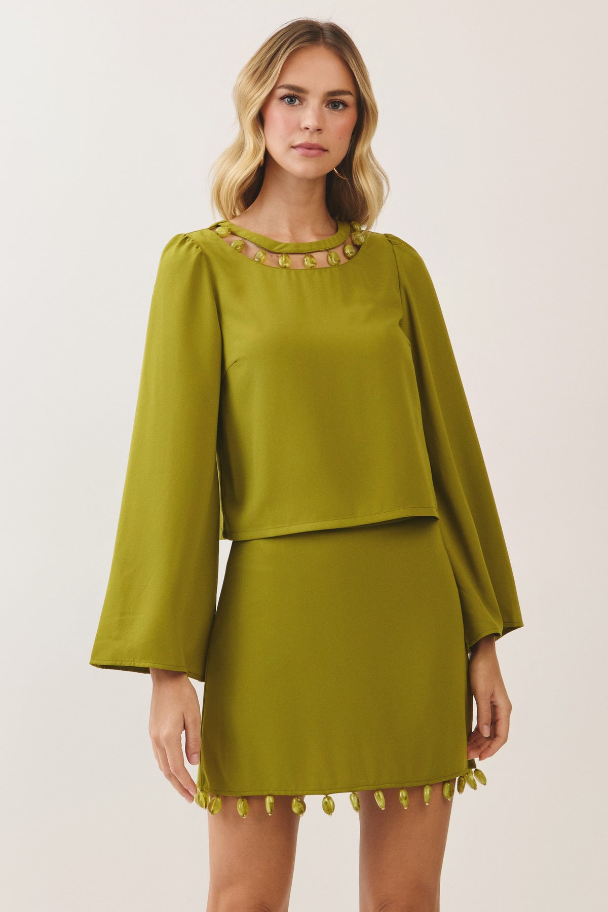 TCEC Women's Top Beaded Embellishment Neck Bell Sleeve Top