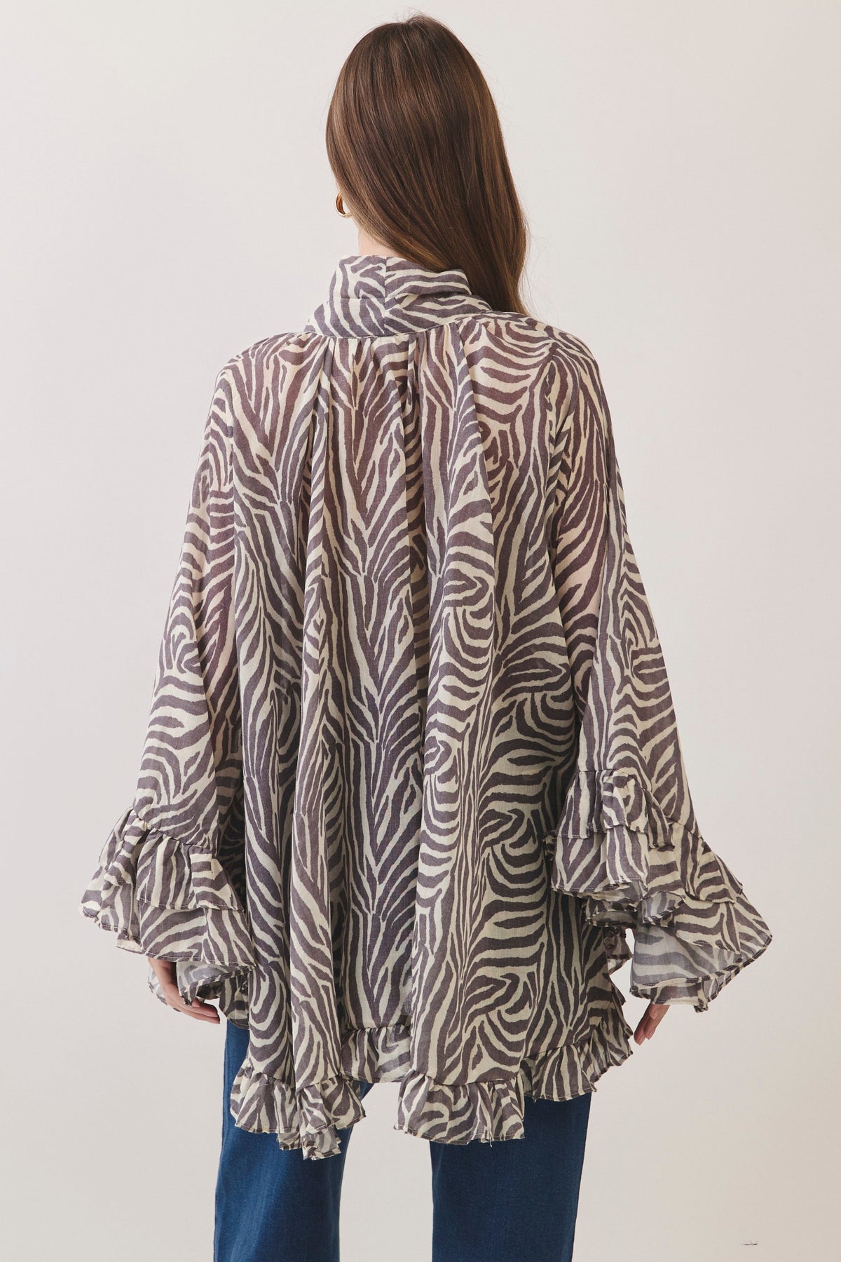 TCEC Women's Top Zebra Print Ruffle Detail High Low Hem Blouse