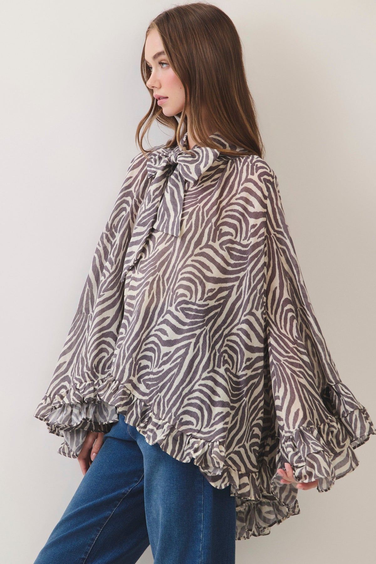 TCEC Women's Top Zebra Print Ruffle Detail High Low Hem Blouse