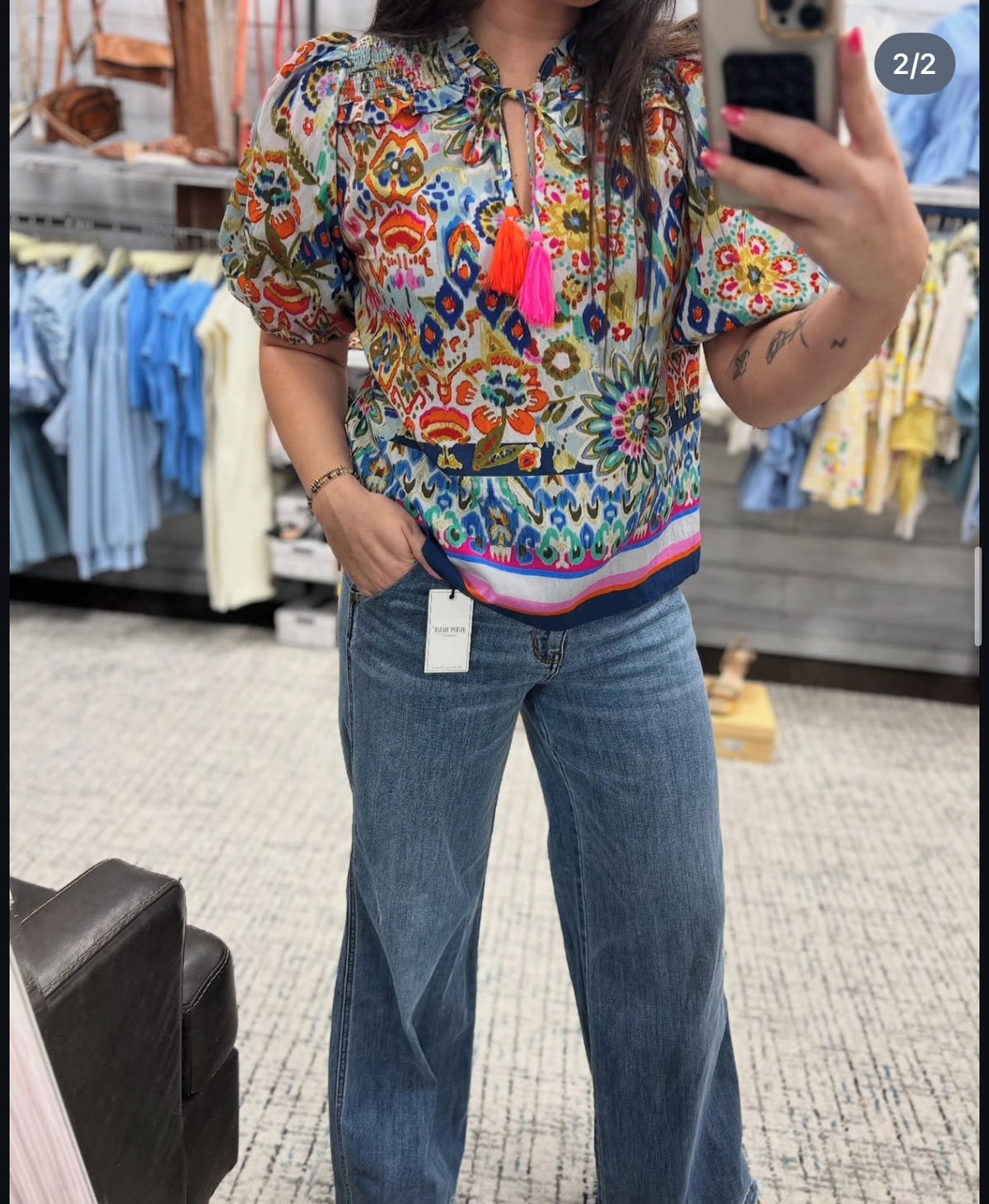 THML 22-Women's Woven Top THML Puff Sleeve Floral Top with Tassel