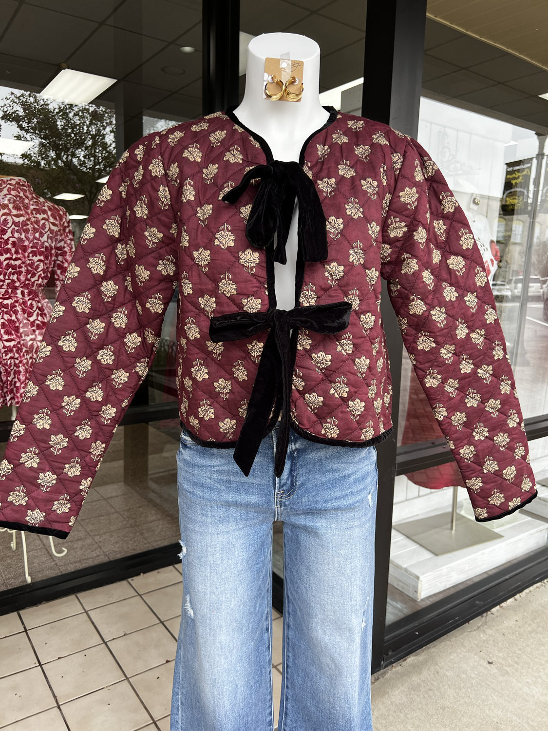 THML Women Jackets Velvet Bow Floral Quilted Jacket