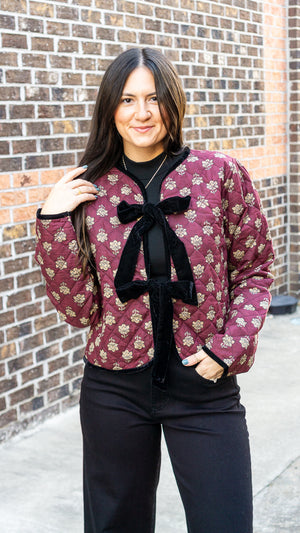 THML Women Jackets Velvet Bow Floral Quilted Jacket