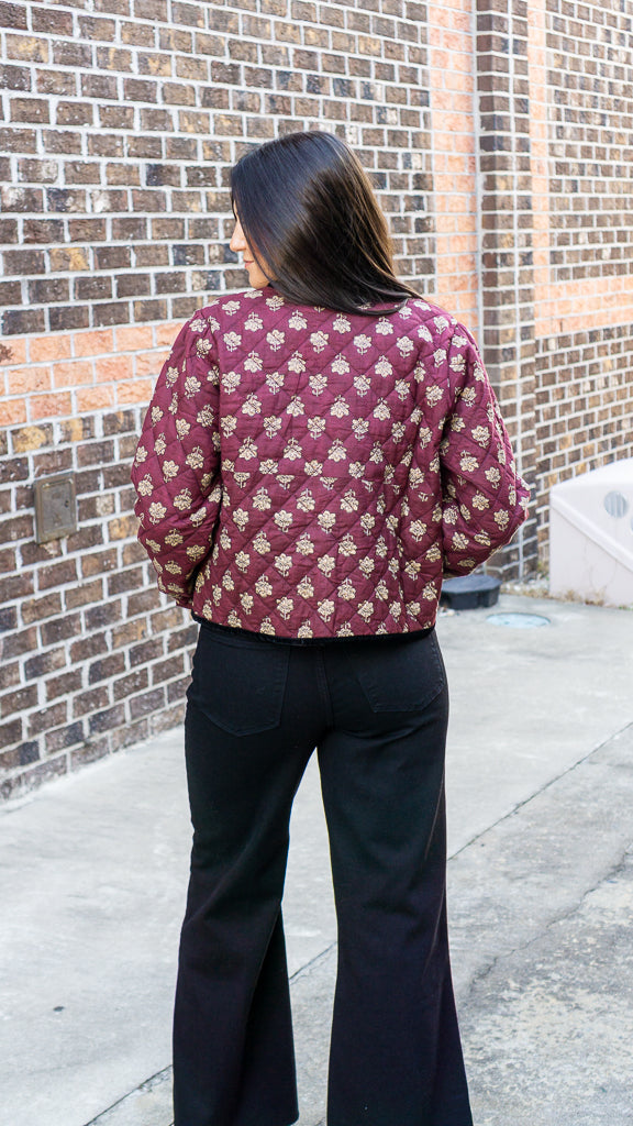 THML Women Jackets Velvet Bow Floral Quilted Jacket