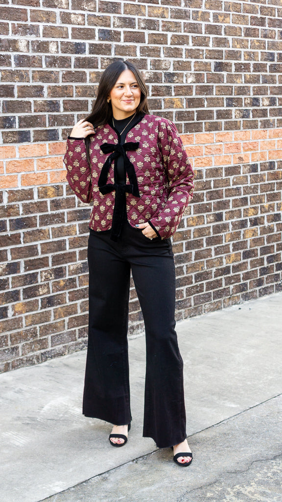 THML Women Jackets Velvet Bow Floral Quilted Jacket