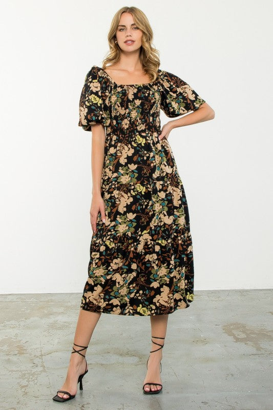 THML Women's Dresses Puff Sleeve Smocked Floral Dress