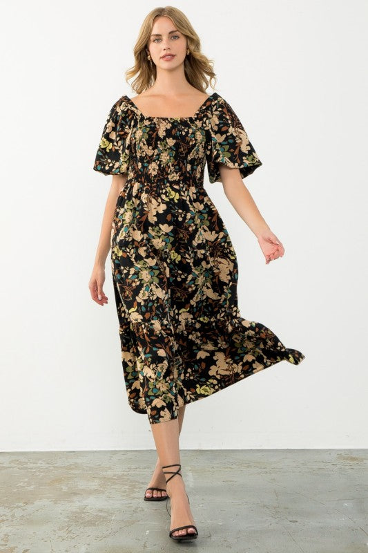 THML Women's Dresses Puff Sleeve Smocked Floral Dress