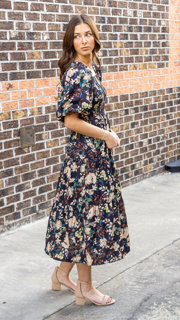 THML Women's Dresses Puff Sleeve Smocked Floral Dress