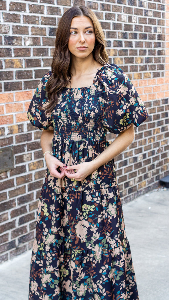 THML Women's Dresses Puff Sleeve Smocked Floral Dress