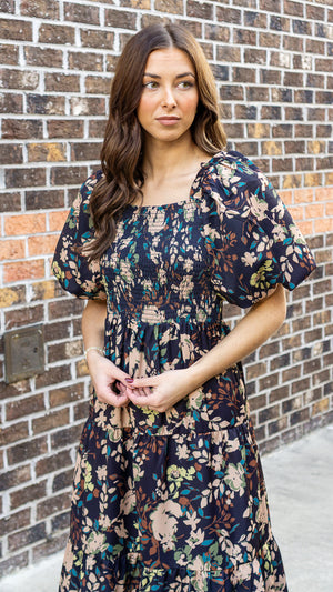 THML Women's Dresses Puff Sleeve Smocked Floral Dress