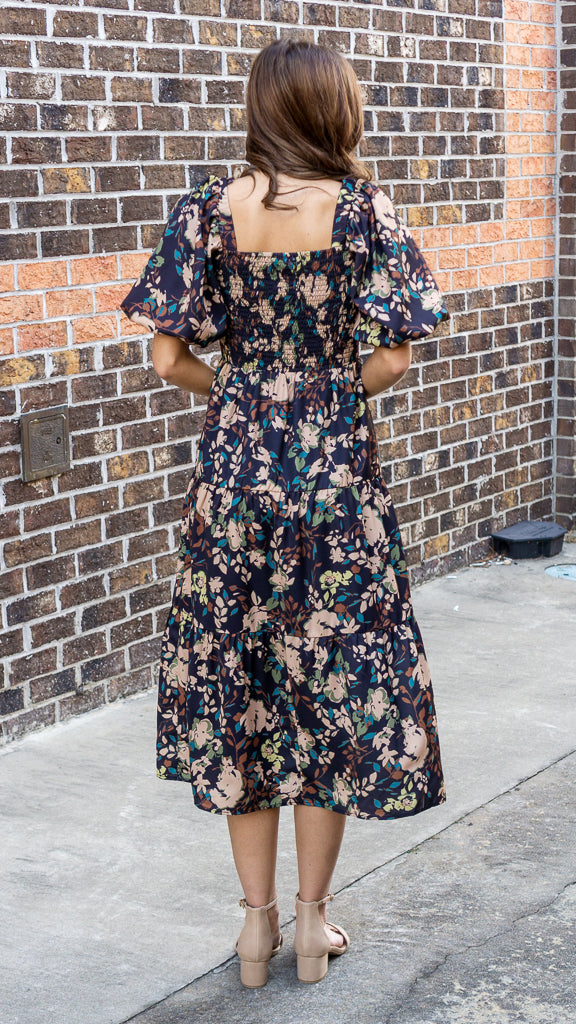 THML Women's Dresses Puff Sleeve Smocked Floral Dress