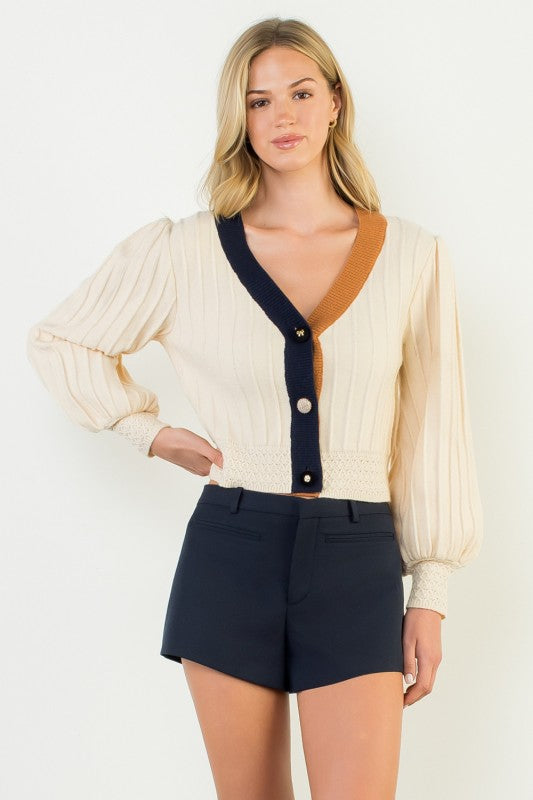 THML Women's Sweaters Balloon Sleeve Colorblock Knit Cardigan